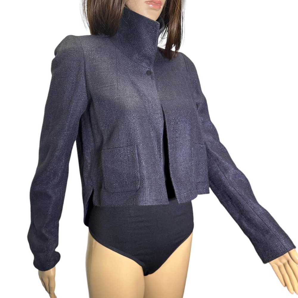 Elie Tahari Navy Shimmer Cropped Stand-Collar Blazer